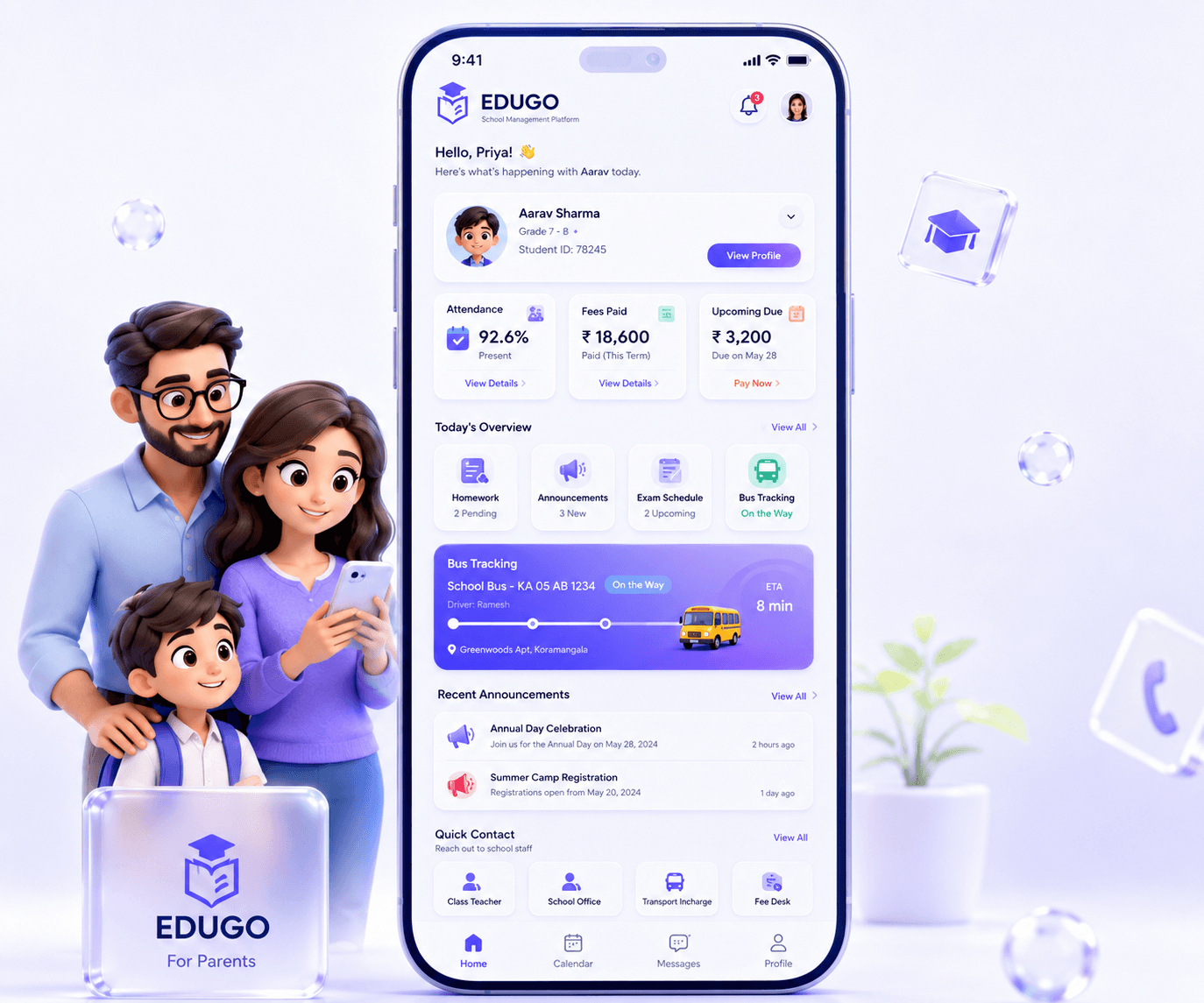 EDUGO parent app on mobile, showing attendance, fees, and school updates